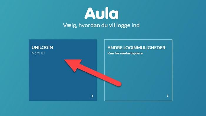 Skærmbillede fra Aula der viser hvor UniLogin-knappen er placeret